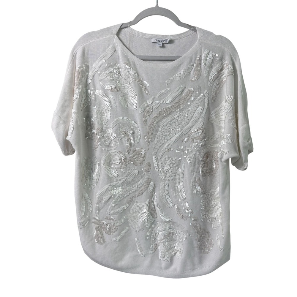 Chicos Sequin Sweater Size 3 US XL White Pullover Short Sleeve Bateau Neck